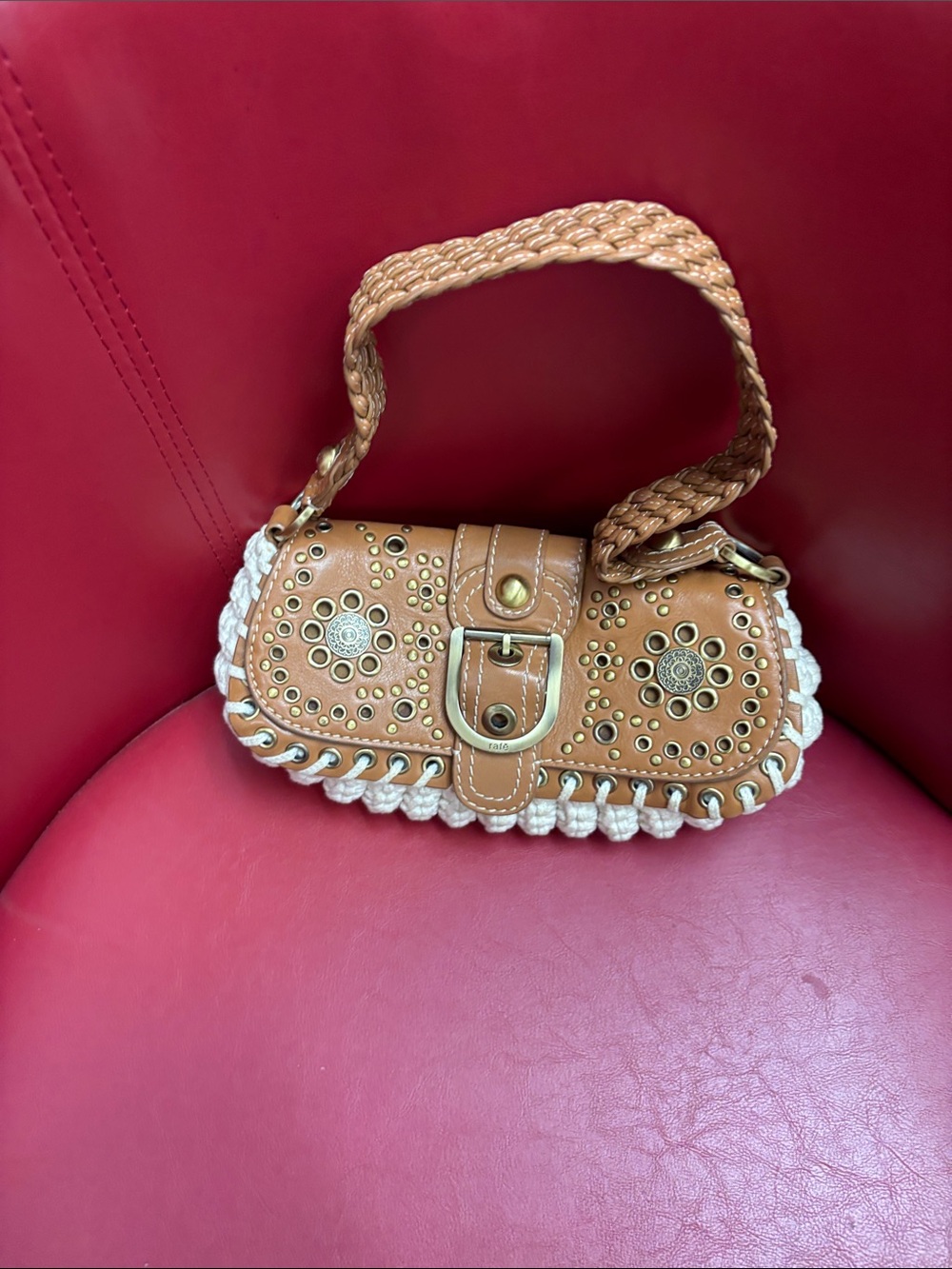 Rafe NY Braided-Handle Tan Leather Shoulder Bag with Stud Detailing #059